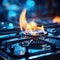 A close up of a gas stove with flames coming out, AI