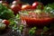 close-up of gazpacho, with droplets of juice and herbs visible