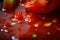 close-up of gazpacho, with droplets of moisture on the surface