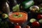 close-up of gazpacho, with ingredients visible and textured