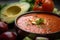 close-up of gazpacho, with ingredients visible and textured