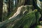 Close up of giant root of long live pine trees with moss in the forest in Alishan National Forest Recreation Area.