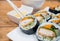 Close Up Gimbap Korean dish is a popular take-out food in South Korea and abroad