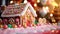 A close-up of a gingerbread house with icing details and candy decorations