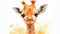 A close up of a giraffe's face with watercolor splatters, AI