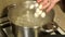 Close-up of a girl cooking dumplings in the pan.