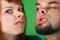 Close up girl with red hair and guy grimace mash