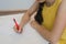 close up of girl\'s hand with pen doing math, drawing triangle