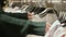 Close-up of a girl`s hand in a store choosing clothes hanging on hangers for sale