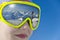 Close up of a girl with a ski mask reflection a snowy mountain landscap