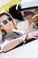 Close up of girls in sunglasses in the automobile