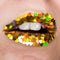 Close up glamour colorful colourful lips with sparkles of heart shape, open mouth, white teeth, yellow, red, green