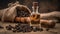 Close up glass bottle of clove oil and cloves in wooden shovel on burlap sack. Essential oil of clove rustic style background