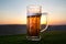 Close Up of A Glass of Draught Beer with the Bokeh of Sunlight Background, beer on grass.