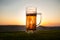 Close Up of A Glass of Draught Beer with the Bokeh of Sunlight Background, beer on grass.