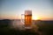 Close Up of A Glass of Draught Beer with the Bokeh of Sunlight Background, beer on grass.