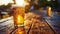 A close up of a glass full of beer on top of an outdoor table, AI