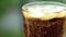 Close-up of a glass with a refreshing cold drink with pieces of ice and bubbling liquid on a blurry summer foliage