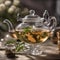 A close-up of a glass teapot with blooming tea leaves unfolding in hot water3