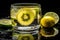 close-up of glass of water with slices of lemon and kiwi floating on the surface