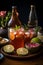 Close-up glasses of kombucha with a bottle of kombucha on a background