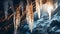 Close up of glinting Icicles hanging in the Entrance of a Cave. Natural Winter Background