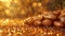 A close-up of glistening golden argan nuts wet and shiny, surrounded by sparkling light. Concept: natural products, organic