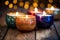 close-up of glittered candles on wooden surface