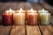 close-up of glittered candles on wooden surface