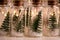 Close up of glowing lights decoration of glass jars with corks inside which there are small green Christmas trees on artificial