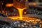 Close-up of Glowing Molten Metal Being Poured in Foundry, High-temperature Metalworking Process with Sparks and Smoke