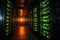 close-up of glowing server racks in a dark data center