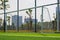 Close-up of the goal and touchline of a brand new football stadium