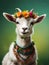 Close up, goatwearing a colorful big flower crown. Very minimalistic style, green background
