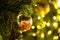 Close Up gold balls of Christmas tree decorations on abstract light golden bokeh background.