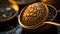 A close up of a gold bowl with some tea leaves in it, AI