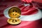 Close-up gold colored bitcoin coin on Turkish flag