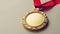 Close-up of a gold medal with ribbon, highlighting its prestigious blank surface. Ai Generated
