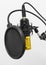 Close up of gold professional condenser microphone with pop filter on a white background