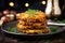 close up of golden brown latkes stacked on a serving dish