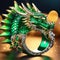 Close up of golden dragon ring with green emerald and diamonds.Symbol of new year 2024