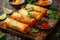 Close-up of golden fried spring rolls on wooden tray. Generative AI