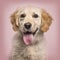 Close-up of Golden Retriever panting to camera against pink back