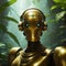 Close-up of Golden Robot Wearing Headphones in Lush Jungle