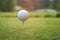 Close up of golf ball on tee at sundown