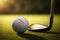 Close-Up of Golf Club Striking the Ball with Perfect Timing on the Green. created with Generative AI