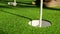 Close-up of golfer using putter to sink short putt into hole