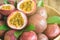 Close up goodness fresh passion fruit in wood bowl on wood table