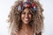 Close-up gorgeous stylish african-american young 25s woman, pierced nose headband, laughing smile sincere have fun enjoy