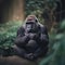A close up of a gorilla sitting on a rock. Generative AI image.
